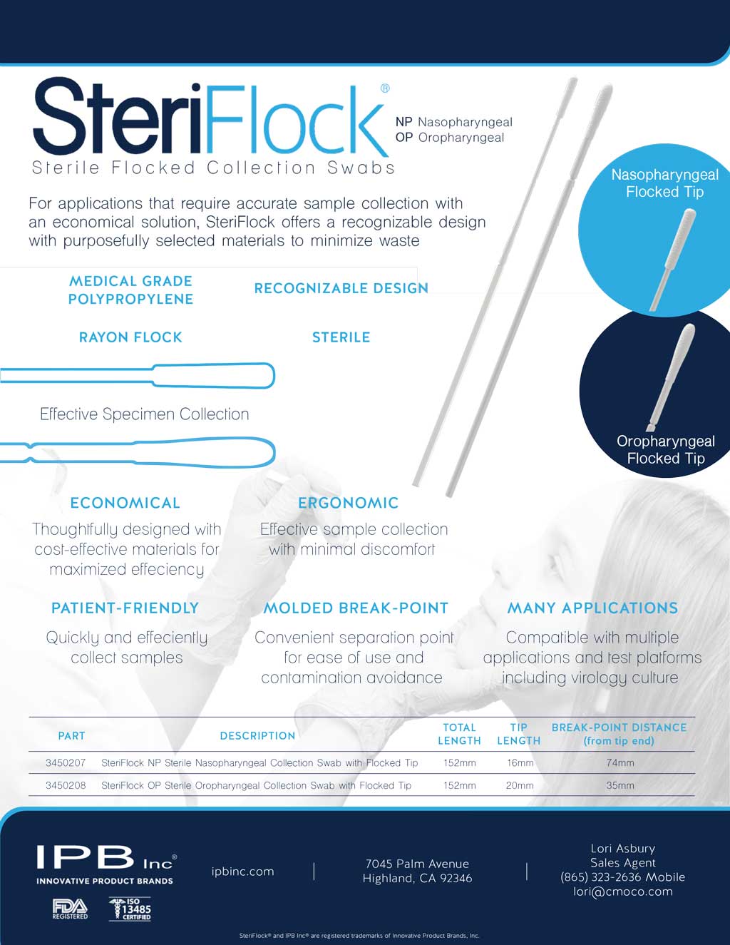 This SteriFlock Sell Sheet provides an overview of the medical testing swabs available through CMOco.